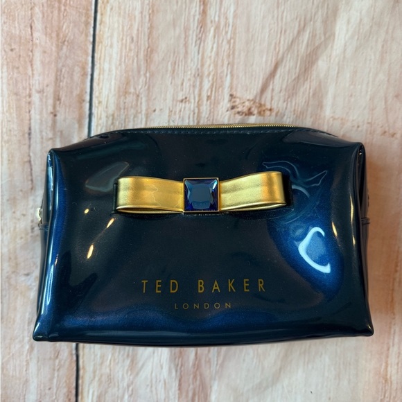 Ted Baker London Blue Cosmetics Make-up Bag Case Gold Bow  Center Gem NWOT - Picture 1 of 8